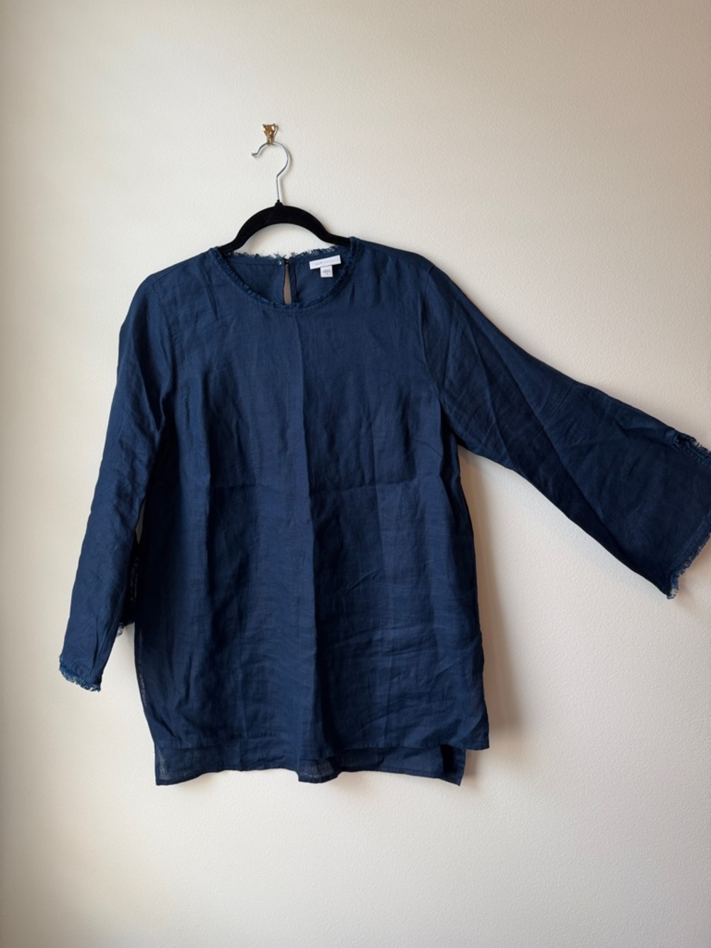 Women's Navy Blue Long-Sleeve Linen Top